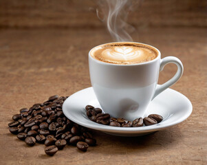 Fototapeta premium Steaming cappuccino coffee cup beans aroma
