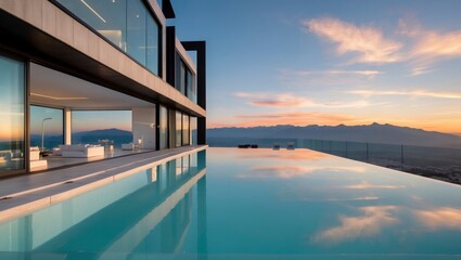 Obraz premium Gorgeous modern luxury home showcasing a seamless glass pool surrounded by a beautiful outdoor space, ideal for stylish gatherings and relaxation