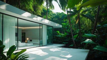 Fototapeta premium Stunning modern glass facade villa surrounded by lush jungle, offering a unique blend of natural beauty and contemporary architecture for luxurious living