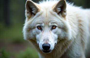 Obraz premium Close-up portrait of white wolf with penetrating eyes in green forest. Fierce predator in wild. Wildlife animal portrait. Face, fur, mammal. Dangerous canine beast in natural habitat.