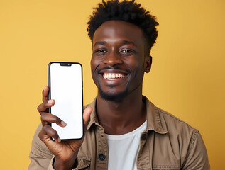 Portrait of a smiling young Black man holding smartphone with blank screen