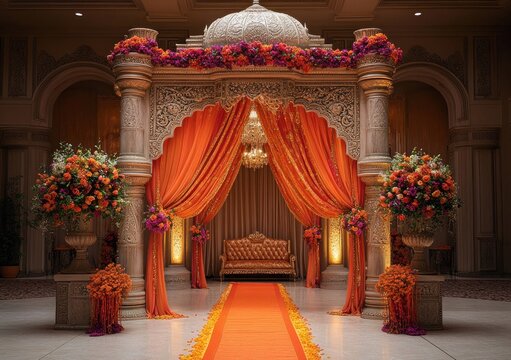 ornate ceremonial wedding mandap with orange drapes, floral arrangements, intricate stone columns, and a plush seat under a chandelier, creating an elegant and festive atmosphere