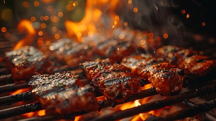 Juicy grilled steaks sizzling on a hot barbecue grill flames background delicious summer food meal