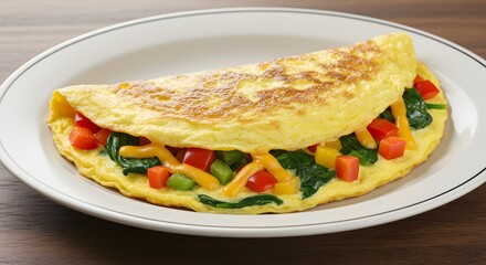 A close up of a vegetable omelet on a white plate sitting on a wood surface