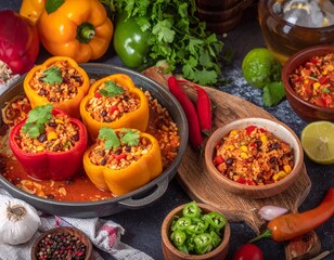 Vegan and vegetarian stuffed peppers with rice, corn grits, vegetables and herbs , healthy eating concept