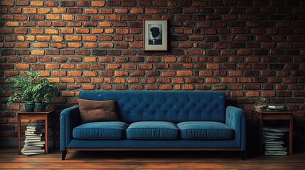 Naklejka premium Cozy living room with a blue tufted sofa, brick wall background, two wooden side tables with plants and stacks of books, and a framed minimalistic portrait