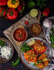 Vegan and vegetarian stuffed peppers with rice, corn grits, vegetables and herbs , healthy eating concept