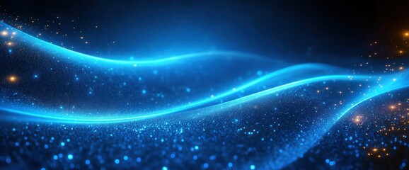 Glowing blue and orange digital wave with sparkling particles creating a flowing abstract futuristic landscape