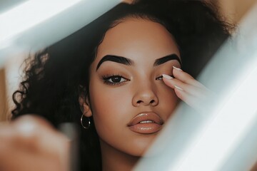 Elegant woman with flawless makeup posing behind lights in a modern portrait