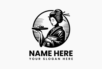 Traditional Japanese geisha in striped kimono holds sushi tray background colorful
