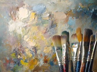 Fototapeta premium Close-up of various paintbrushes against a textured, colorful oil painting backdrop.