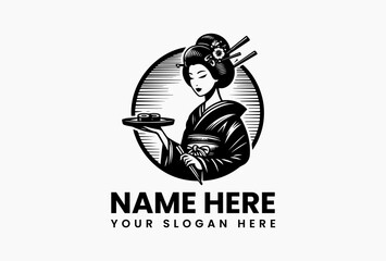 Traditional Japanese geisha in striped kimono holding sushi plate elegant vector logo isolated on white. Asian cuisine concept