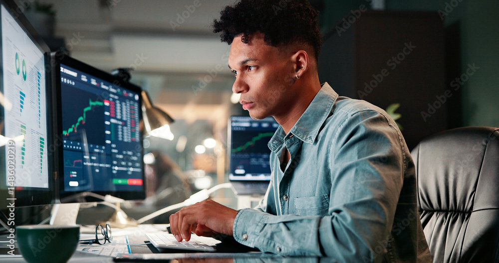 Poster Man, typing and computer screen with trading, stats and review for revenue report in office at company. Person, keyboard and monitor at night, graphs or research with price for stock market at agency