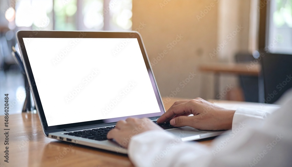 Poster laptop mockup template at an office - monitor, tablet and computer screen - application design, web 