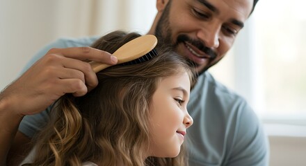 Fototapeta premium A loving father gently brushes his daughter's hair, creating a tender family moment, filled with affection.