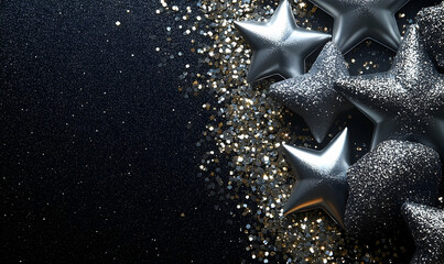 Silver stars sparkle against a dark, glittery backdrop, perfect for holidays or celestial themes