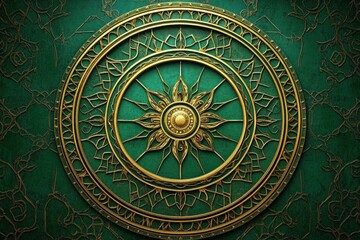Naklejka premium Intricate golden circular mandala pattern with floral and geometric designs on a textured dark green background