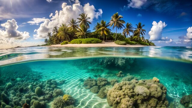 Paradise Unveiled: Experience the pristine beauty of a tropical island, where turquoise waters meet sandy shores, lush palm trees sway gently against a vibrant blue sky.