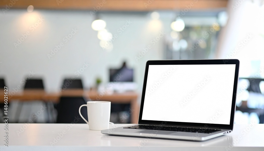 Poster laptop mockup template at an office - monitor, tablet and computer screen - application design, web 