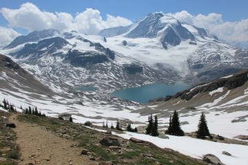 A majestic snow-covered mountain range with a clear blue alpine lake and scattered evergreens under a partly cloudy sky.