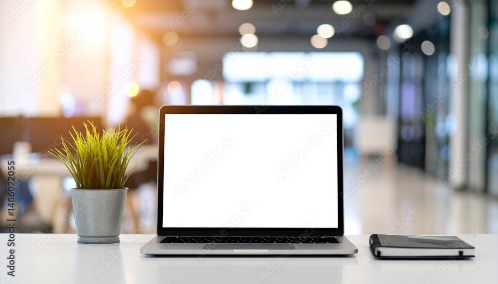 Poster laptop mockup template at an office - monitor, tablet and computer screen - application design, web 