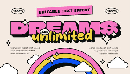 Dreams Are Unlimited Retro Y2K Premium Editable 3D Text Effect with Rainbow, Clouds & Sparkles for Poster, Logo & T-Shirt Template