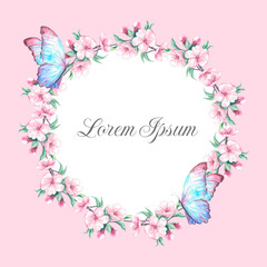 Fototapeta premium Round floral pink frame with blue butterflies