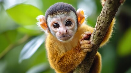 Fototapeta premium Delightful Close-Up Portrait of a Curious Golden Squirrel Monkey Juvenile
