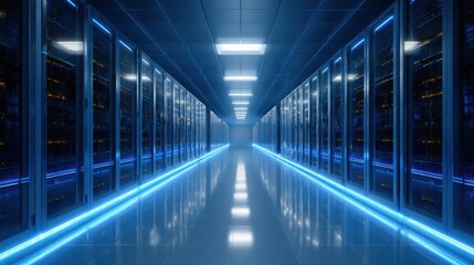 Ultra quality image of ultra-modern data center with a clean, symmetrical layout, showcasing glowing blue server racks and a sleek metallic finish.