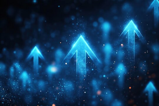 Glowing blue arrows pointing upwards surrounded by luminous particles on a dark blurred background conveying growth and progress