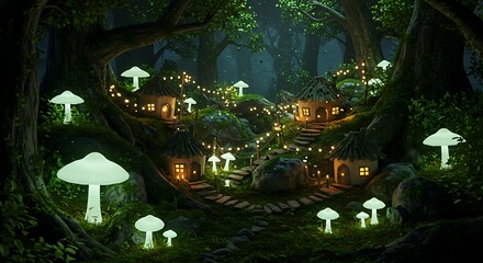 Fototapeta premium Enchanted mushroom village with glowing lights in a magical forest