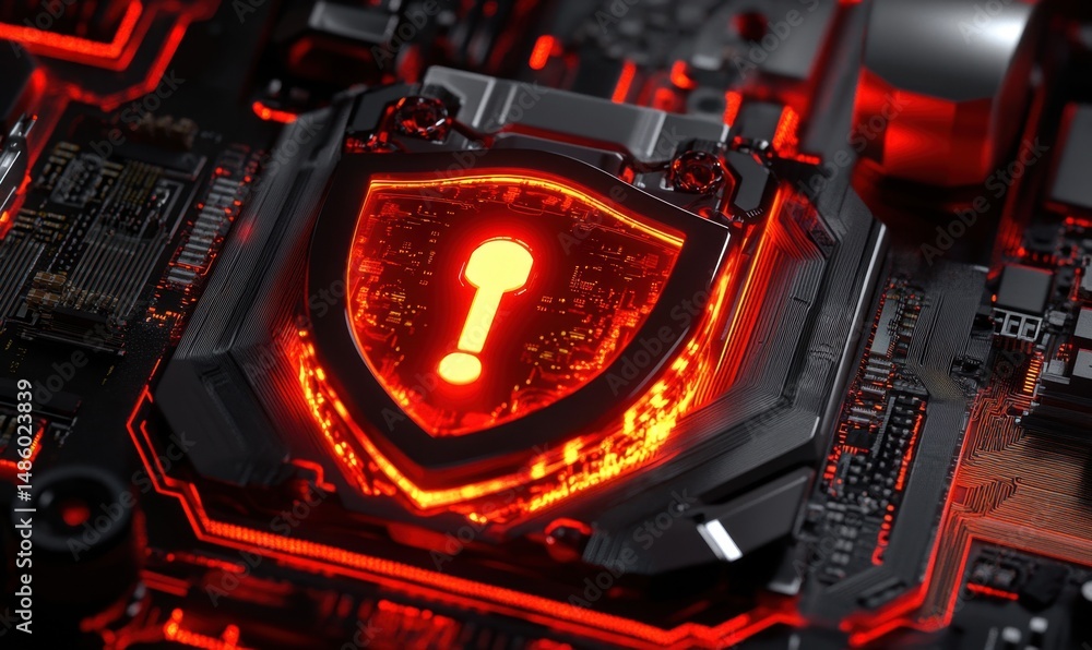 Poster cyber security alert red warning shield on circuit board