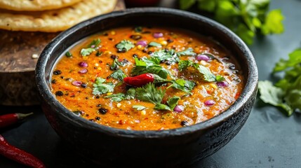Delicious flavorful Indian lentil dal soup with turmeric herbs and spices served in a black bowl with fresh cilantro and red chili pepper garnish