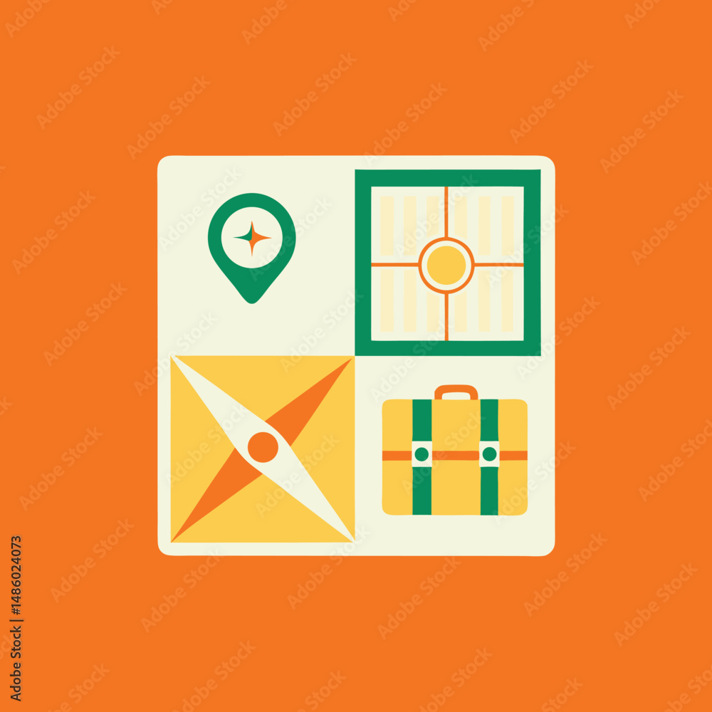 Poster minimalistic travel icons representing location planning and journey exploration with transparency.