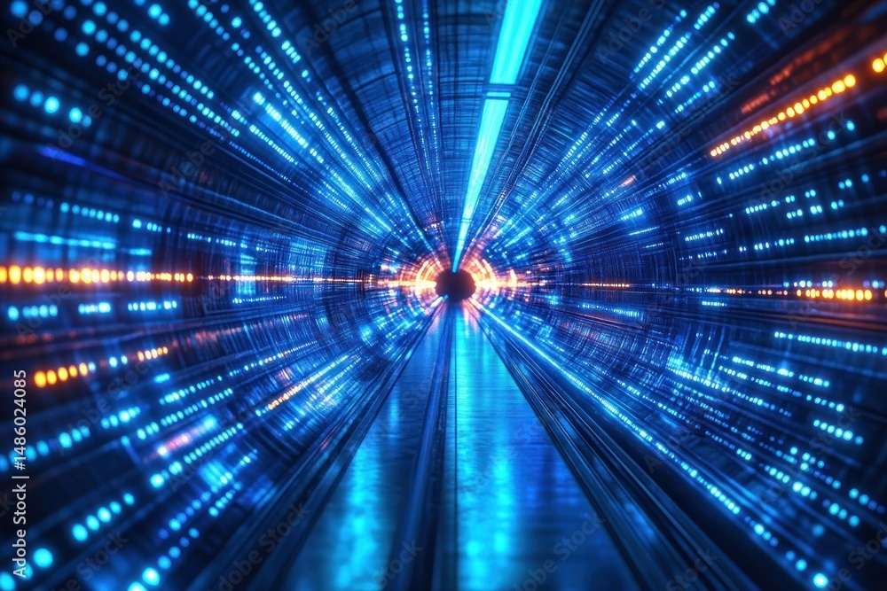 Poster futuristic illuminated tunnel with converging blue and orange lights creating sense of motion and de