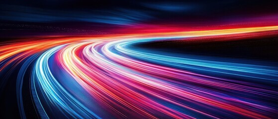 Dynamic curved light trails in vivid blue, red, and pink colors on a dark road at night, creating a sense of speed and motion