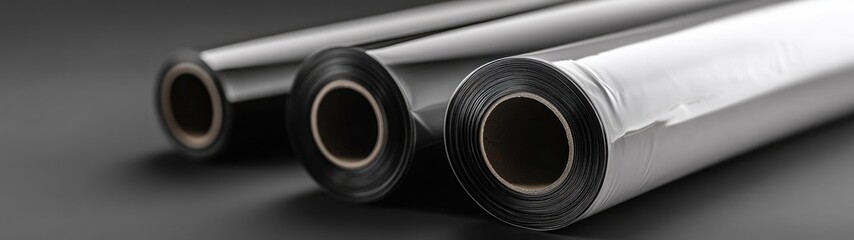 Close-up of three rolled plastic films; one white, two black.