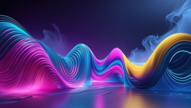 Vibrant, swirling neon waves create a mesmerizing abstract landscape. The interplay of pink, blue, and gold hues evokes a futuristic and energetic mood.