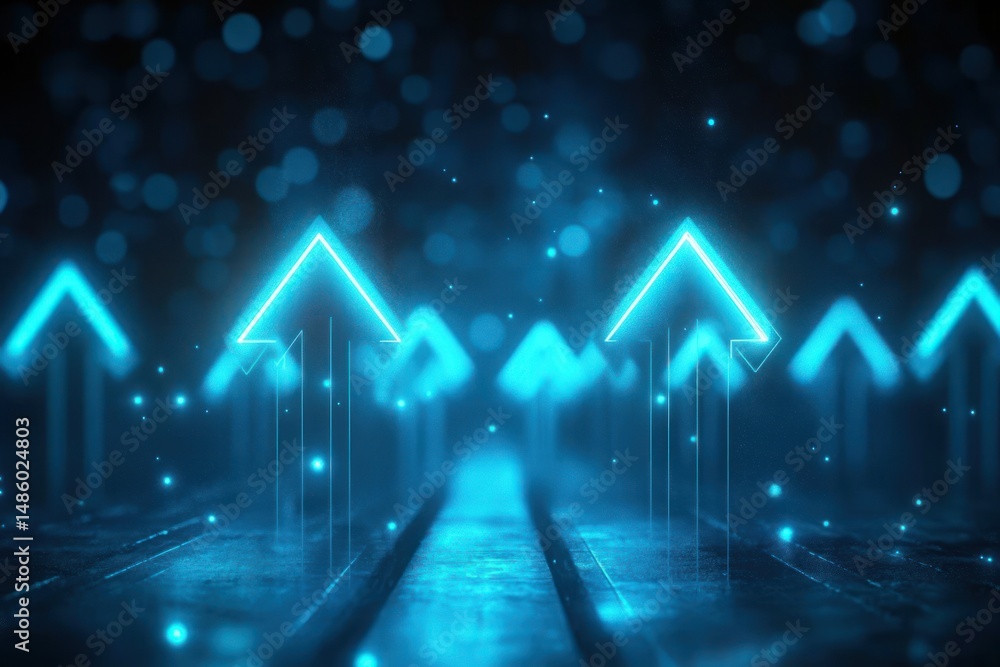 Aufkleber glowing blue arrows pointing upward in a futuristic digital environment with bright particles and a 