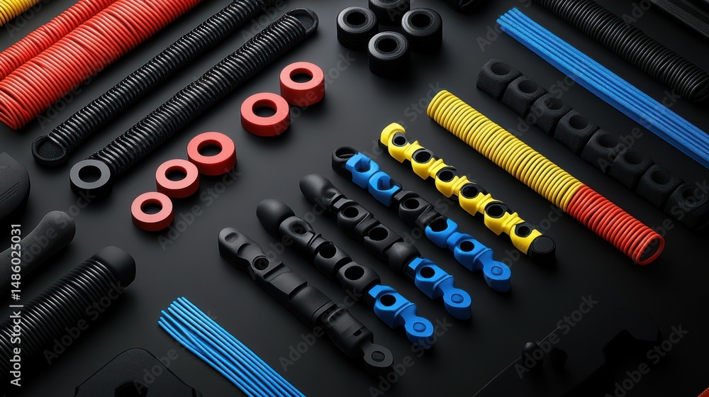 Poster assorted colorful components on a dark surface