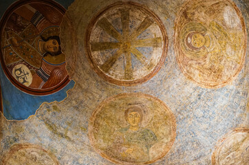 Beautiful fresco painting on the ancient orthodox church in Kyiv, Ukraine. Icons of angel and saints
