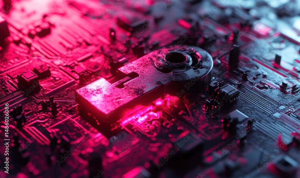 Poster cyber security key on circuit board; neon glow; data protection