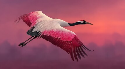 Fototapeta premium Crane bird soaring across pastel sky, wings elegantly stretched, floating composition, elegant wings soft color palette crane in flight symbol of peace and longevity