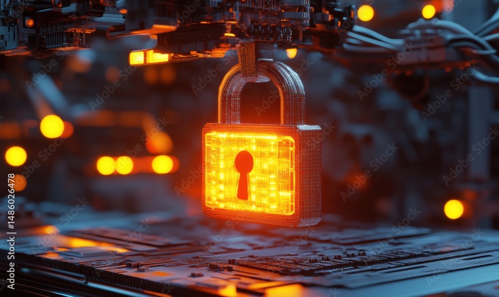 Poster cyber security lock mechanism; futuristic data center background