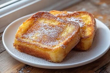 Two slices of golden brown French toast sprinkled with powdered sugar served on a white plate on a wooden table near a window