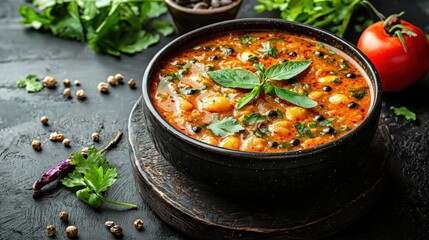 Hot spicy vegetable and bean soup in a rustic black bowl garnished with fresh basil leaves served on a dark textured surface with tomatoes and herbs in background