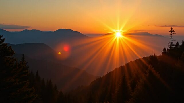 bright sunset in the mountains with forest