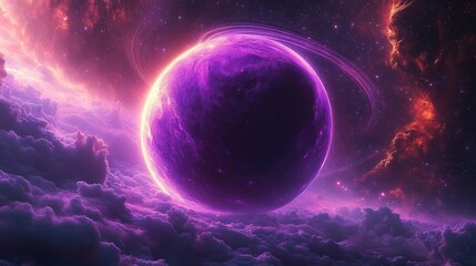 Fototapeta premium A glowing purple planet with rings surrounded by clouds and cosmic nebulae in vivid space environment