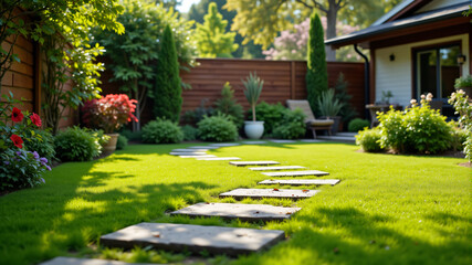 Obraz premium Beautiful Garden with Stepping Stones and Lush Greenery
