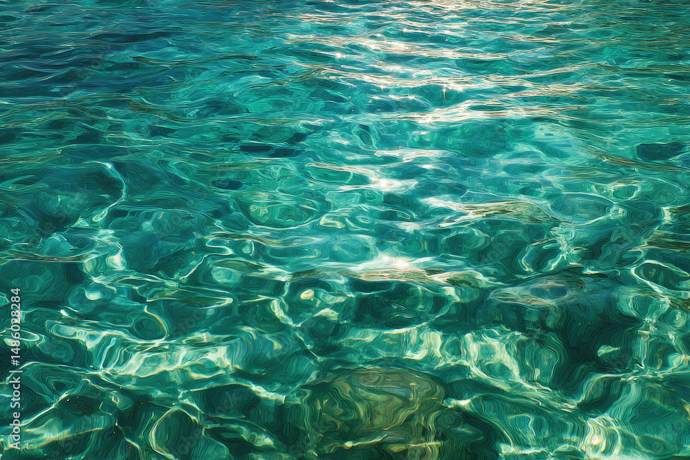 Poster serene view of clear water surface with sunlight creating rippling effects, showcasing bright and tr